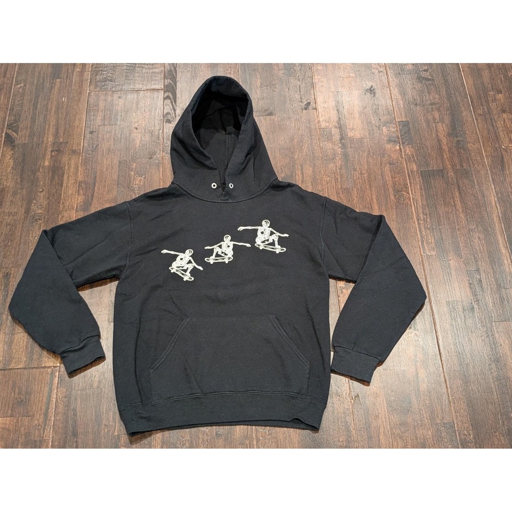 Bowery Supply Co Hoodie Mens Small Black Skeleton Skateboard Y2K Skater Pullover
